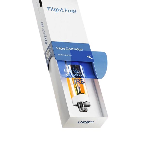 An Urb Flight Fuel Relax Cartridge, branded by Urb, featuring Delta 8 and Live Resin, comes in a sleek white and blue package containing 2 grams of liquid.