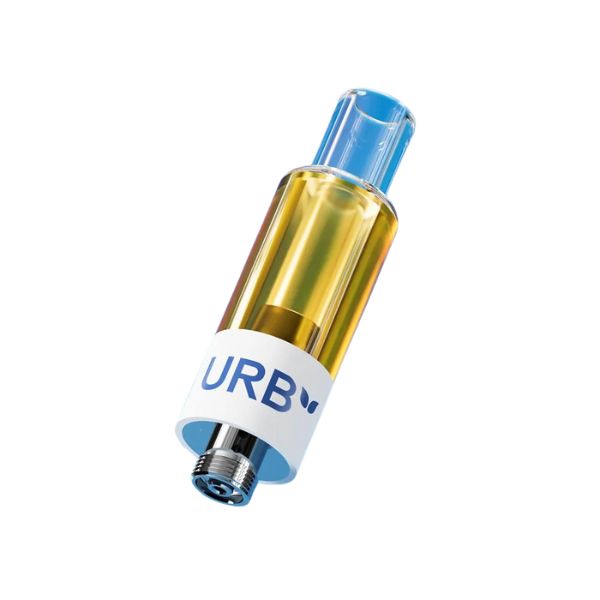 The Urb Mile High Flight Fuel Cartridge | 1g contains a golden liquid in a transparent cartridge, adorned with a white label featuring the "URB" branding, and is enriched with Delta 8 for an elevated experience.