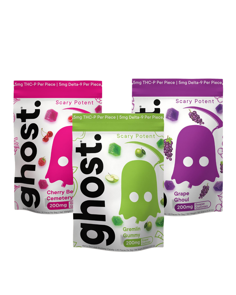 Image of three Ghost brand Ghost Reaper THC-P Gummies packages labeled as THC-P edibles. Flavors are Cherry Berry Cemetery, Gremlin Gummy, and Grape Ghoul, each containing a high-potency blend of 200mg THC-P.