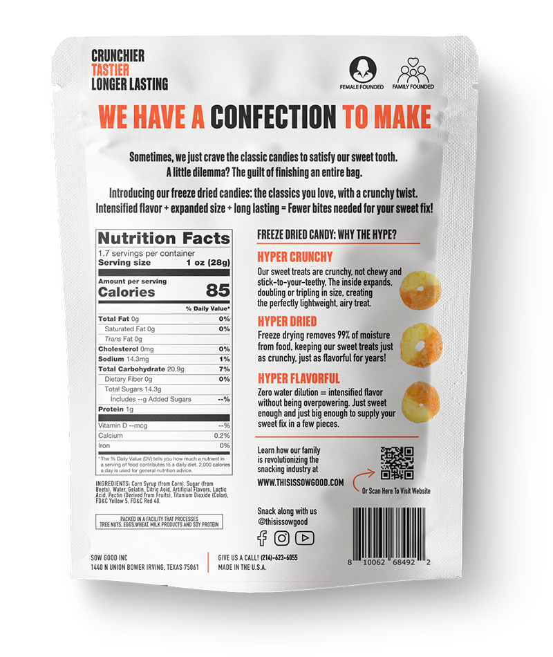 A white product packaging for Sow Good Inc's Freeze Dried Peach Rings - Sow Good Candy featuring text about the crunchy sweet treats' features, nutrition facts, and contact information.