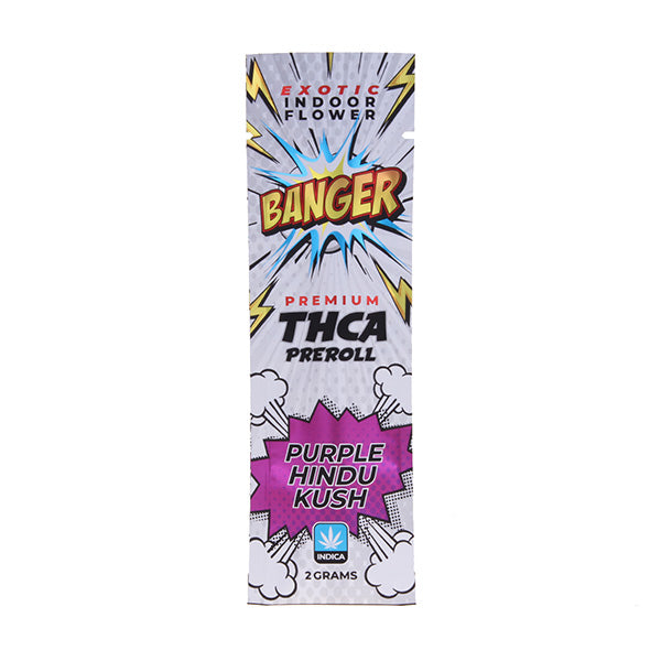 The vibrant packaging for "Banger THCA Preroll | 2g" showcases bold comic-style graphics alongside the text "Premium THCA Preroll" and "Purple Hindu Kush." This eye-catching design harmoniously combines the appeal of hemp-derived pre-rolls, serving as a lively homage to exotic indoor flower bangers.