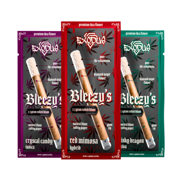 Three packages of Exodus Bleezy's THC-A Blunt, each featuring a 2.5g rolled blunt with Diamond Sugar, are available in Crystal Candy Indica, Red Mimosa Hybrid, and Risky Dragon Sativa varieties. These blunts are designed to highlight premium THC content for an enhanced experience.