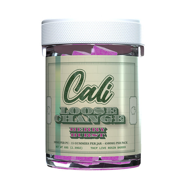 Image of a jar labeled "Cali Extrax Loose Change Gummies 15ct | 4500mg." The jar from Cali Extrax contains 15 Delta 8 gummies, with a net weight of 66g (2.3oz) and a total of 4500mg per pack, including THCP live rosin badder.