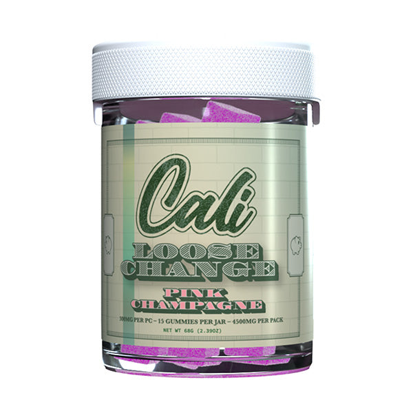 A jar of "Cali Extrax Loose Change Gummies 15ct" contains pink gummies infused with Live Rosin Badder. Each jar includes 15 gummies, each with 300mg of Delta 8 THC, totaling 4500mg per pack.