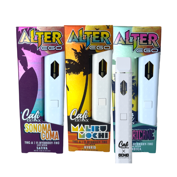 Four Cali Extrax Alter Ego Disposable | 3.5g boxes in different flavors are displayed upright behind a single vape pen. The flavors are Sonoma Coma, Malibu Mochi, and two unspecified varieties. Each pen is infused with Live Resin, ensuring an elevated experience by Cali Extrax.