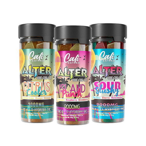 Three bottles of Cali Extrax Alter Ego Gummies | 9000mg, each packing 9000mg THC, come in three tantalizing flavors: Citrus Cooler (lemon, lime, mango, orange), Island Punch (pineapple, raspberry, strawberry), and Sour Slushy (blue razz, cherry, watermelon).