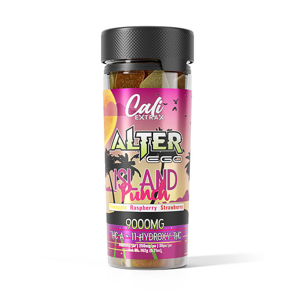 A cylindrical container labeled "Cali Extrax Alter Ego Gummies | 9000mg" showcases a vibrant design featuring pineapple, raspberry, and strawberry. The label proudly highlights 9000MG and mentions THC-A, 11-Hydroxy-THC, and THC.