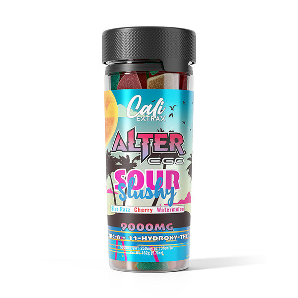 A container of Cali Extrax Alter Ego Gummies | 9000mg, featuring Blue Razz, Cherry, and Watermelon flavors. The bottle boasts an impressive 9000mg THC blend of THC-A and Delta-9 THC.