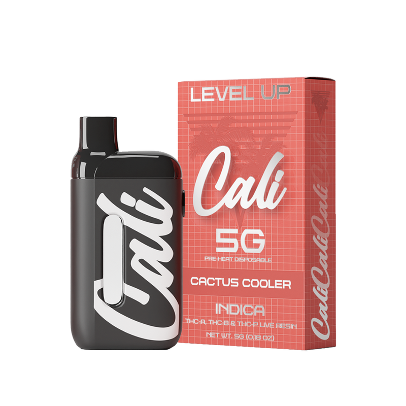 A black and white vaping device stands next to its red and white box labeled "Cali Extrax Level Up Blend Disposable | 5g," "Cactus Cooler," and "Indica." The device, featuring the word "Cali" printed on its side, promises a premium experience with live resin terpenes.