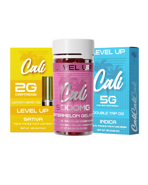 Three "Everyday Delta" cannabis products are featured in the Cali Extrax Level Up Bundle: a yellow 2G Sativa cartridge (Lemon Head OG), a pink 500MG hybrid edible (Watermelon Gelato) Level Up Gummies, and a blue 5G Indica cartridge (Double Tap OG).