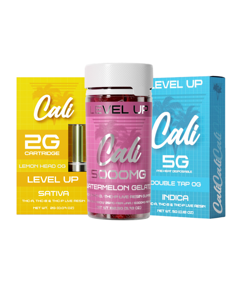 Three "Everyday Delta" cannabis products are featured in the Cali Extrax Level Up Bundle: a yellow 2G Sativa cartridge (Lemon Head OG), a pink 500MG hybrid edible (Watermelon Gelato) Level Up Gummies, and a blue 5G Indica cartridge (Double Tap OG).