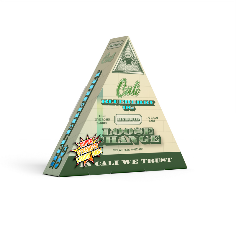 A triangular package of Cali Extrax Loose Change Cartridges | 0.5g, featuring bold text, blue graphics, and an eye symbol resembling that on a dollar bill, now enriched with Delta 8 for an enhanced experience.