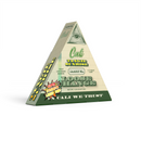 The pyramid-shaped package labeled "Cali Extrax Loose Change Cartridges | 0.5g" features multiple cannabis product details, including Delta 8 Live Resin, and the slogan "Cali We Trust" at the base.