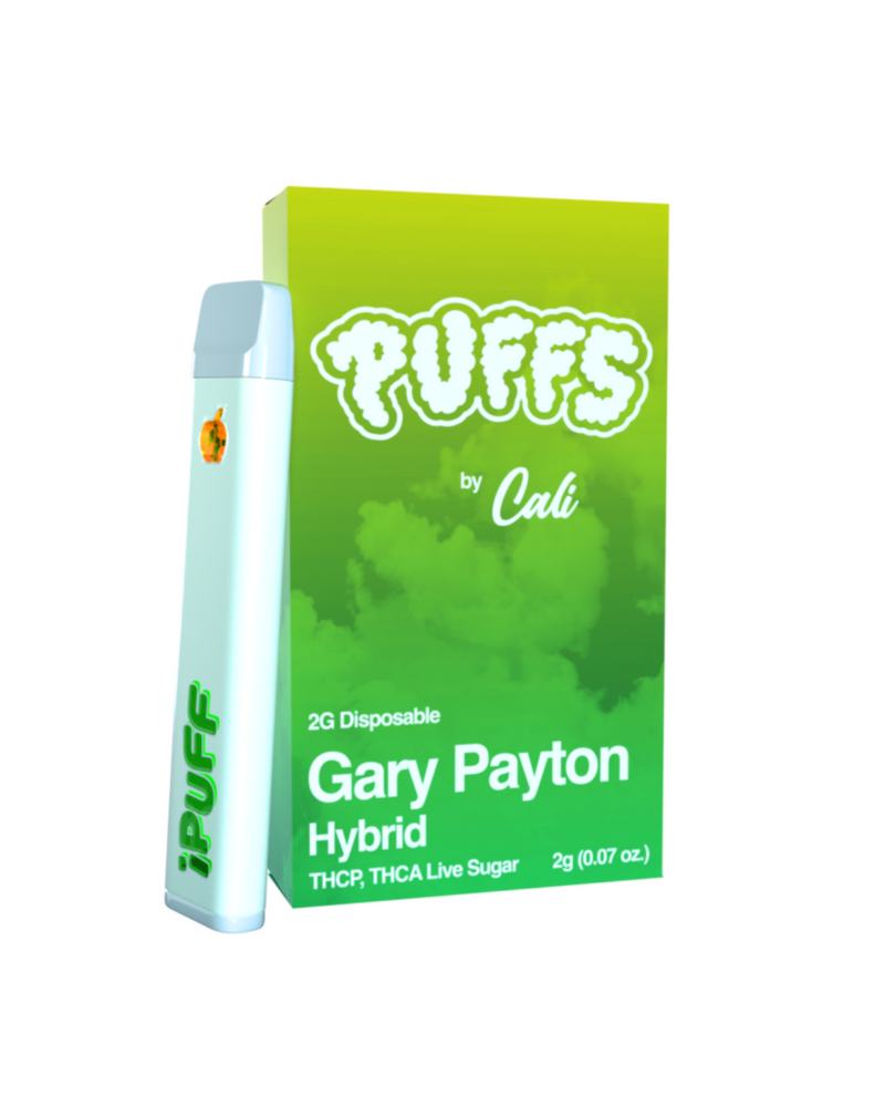 The white disposable vape pen for Puffs by Cali is labeled "Gary Payton Hybrid," containing THC-P and THCA Live Sugar, 2g (0.07 oz), with a Cali Extrax Forbidden Fruit flavor and packaged as "Cali Extrax Puffs Disposable | 2g.