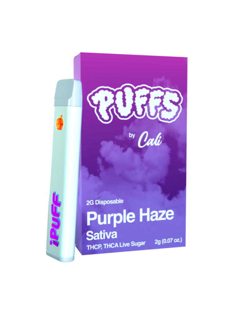 The stylish "Cali Extrax Puffs Disposable" 2g vape pen comes in a box featuring a purple cloud design and offers "Purple Haze Sativa" with THC-P and THCA Live Sugar, capturing high-quality vaping in each puff.