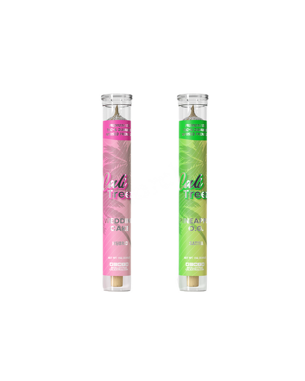 Cali Extrax's vibrant labeled glass tubes contain two THC-A Pre-Rolls, one "Wedding Cake" and the other "Pineapple OG," each weighing 1.5g.