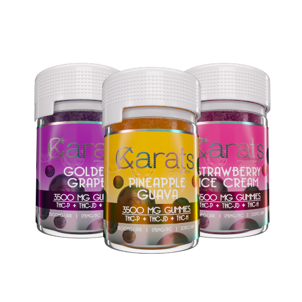 Three jars of Carats THC-P Gummies in different flavors: Golden Grape, Pineapple Guava, and Strawberry Ice Cream. Each jar packs a potent 3500 mg of cannabinoid blends featuring THC-P, THC-JD, and THCB from the Carats brand.