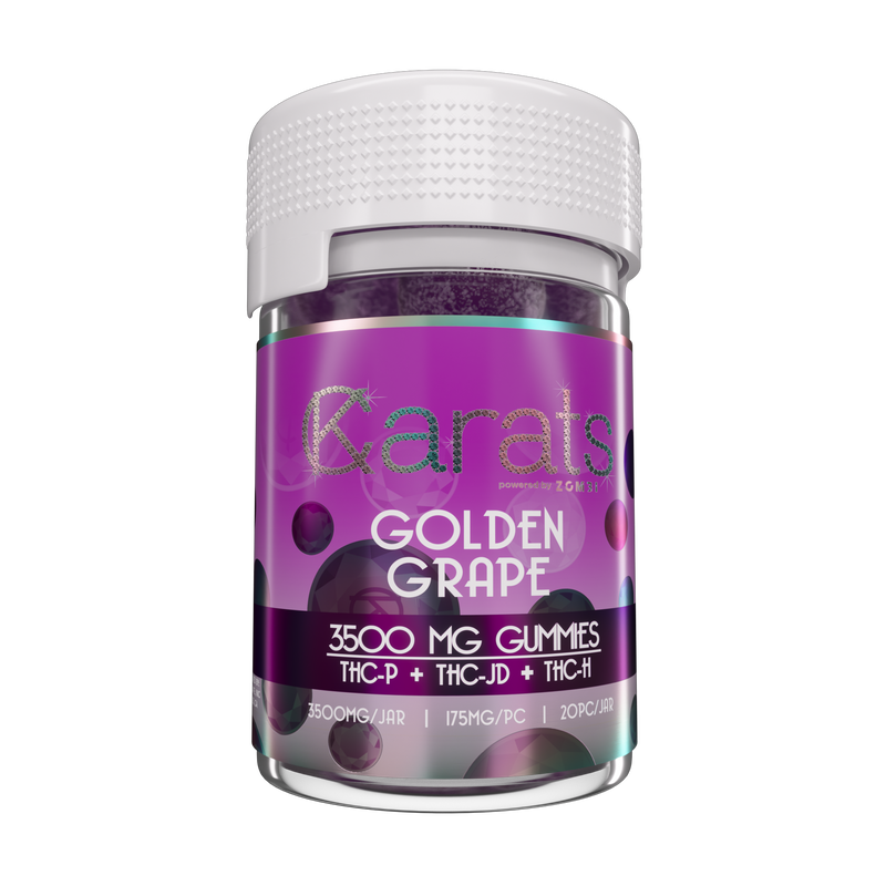 A purple jar labeled "Carats THC-P Gummies | 3500mg" with grape illustrations and containing a potent blend of cannabinoid gummies, including THC-P, THC-JD, and THC-H.