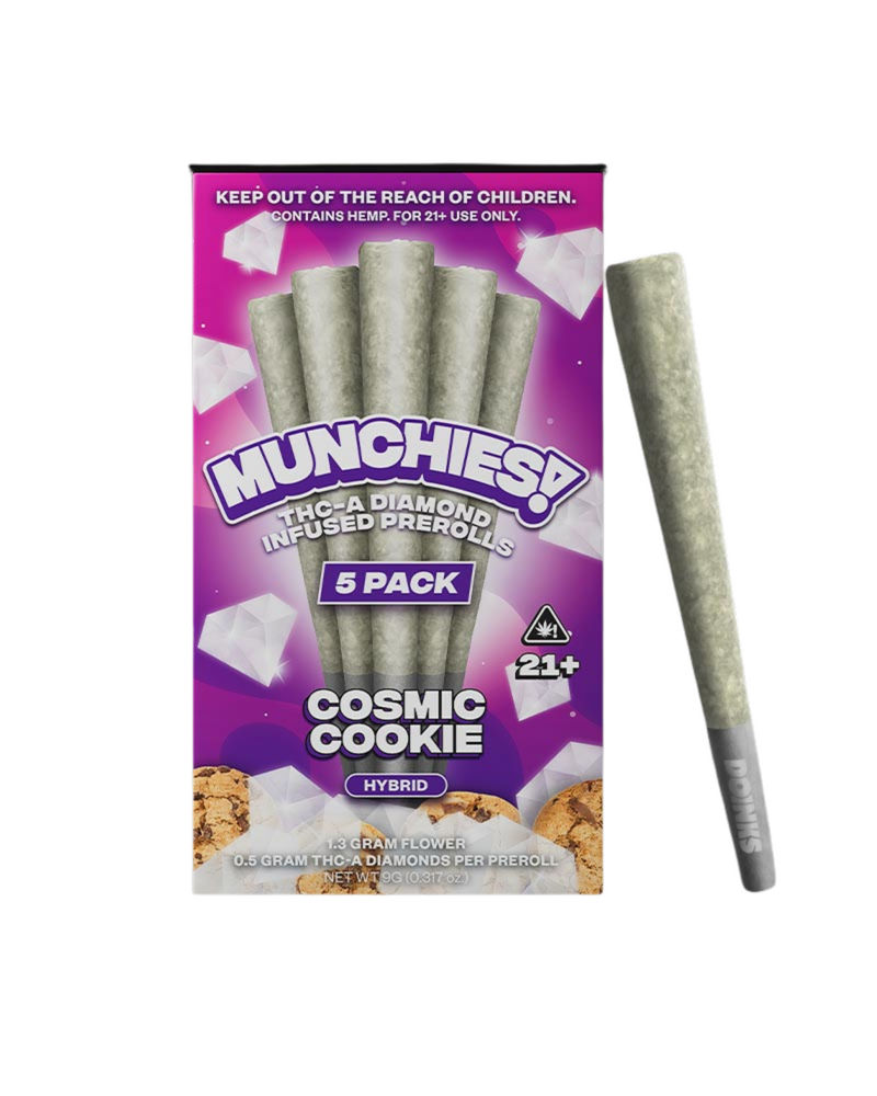 Image of a 5-pack of Delta Munchies THC-A Diamond Infused Prerolls | 5pk with a single pre-roll placed next to the package. The packaging boasts a purple design with cookie images, highlighting the premium quality American hemp used in each preroll.