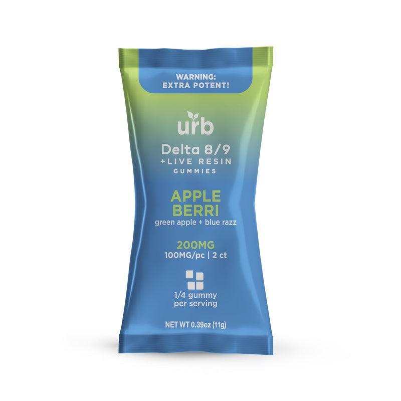 A blue and green package of **Urb D8 | D9 High Potency Gummies | 2ct** by **Urb** in Apple Berri flavor. The THC gummies contain 2 pieces, each with 100mg, totaling 200mg. The package includes a "Warning: Extra Potent!" label.