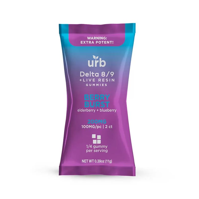 A package of Urb D8 | D9 High Potency Gummies | 2ct in Berry Burst flavor, containing 200mg (100mg per piece) and 2 pieces. The packaging is purple and blue with a warning about potency.