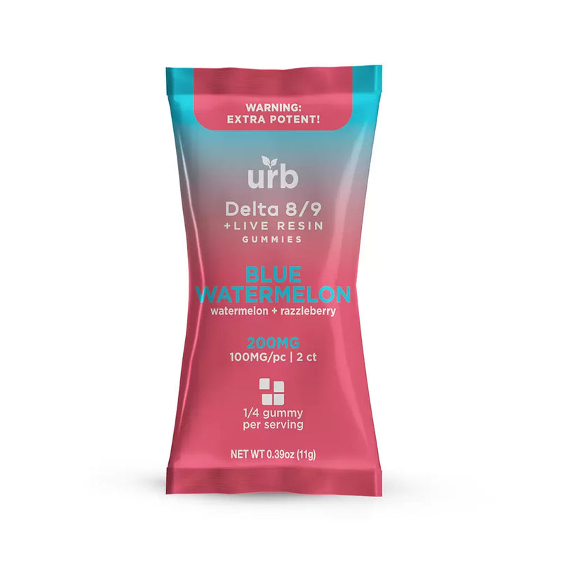 A package of Urb D8 | D9 High Potency Gummies | 2ct in Blue Watermelon flavor, containing 2 gummies with a total of 200mg and labeled as "extra potent.