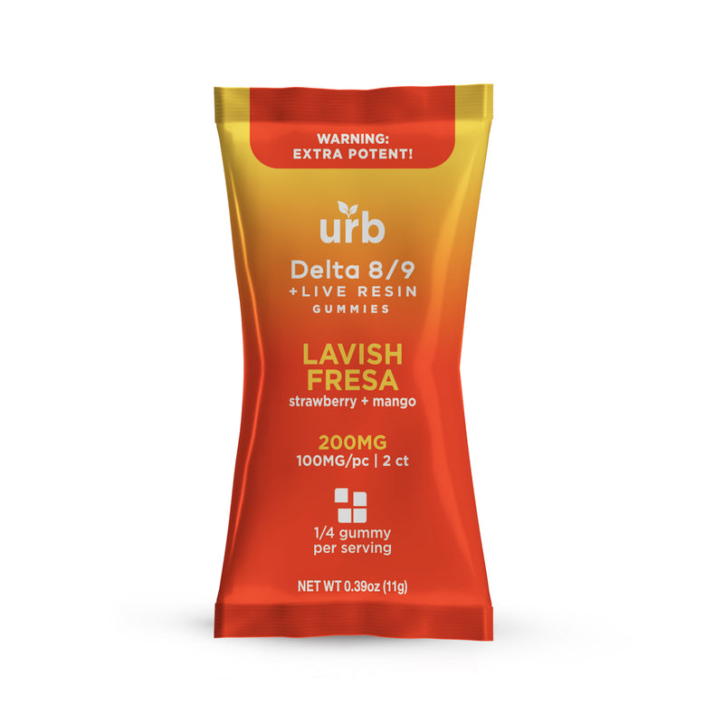 A red and orange package of Urb D8 | D9 High Potency Gummies | 2ct labeled "Lavish Fresa" with strawberry and mango flavor. It contains 2 THC gummies with a total of 200mg, along with a warning about potency.