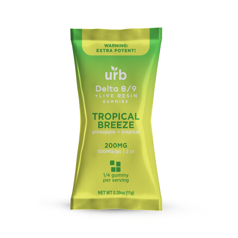 A green and yellow packet labeled "Urb D8 | D9 High Potency Gummies | 2ct" with a warning "Extra Potent!" at the top. Net weight 0.39 oz (11g).