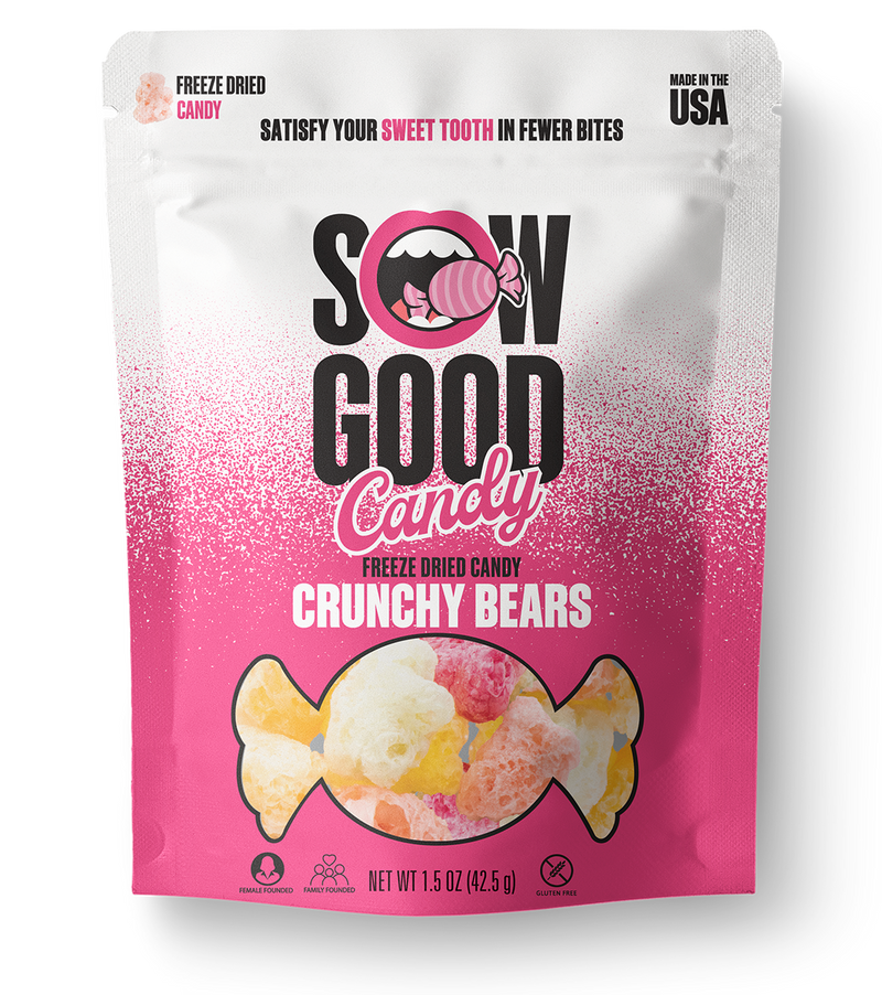 A 1.5 oz package of "Freeze Dried Gummy Bears - Sow Good Candy" from Sow Good Inc, featuring a pink and white design with an image of colored candy pieces. This gluten-free candy is made in the USA and offers a delightful crunch in every bite.