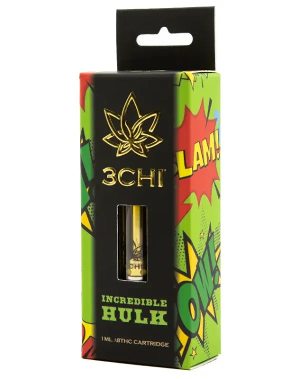 A package of 3Chi Delta 8 Vape Cartridges | 1g, aptly named "Incredible Hulk," features colorful comic-style graphics and a clear display of the cartridge inside.