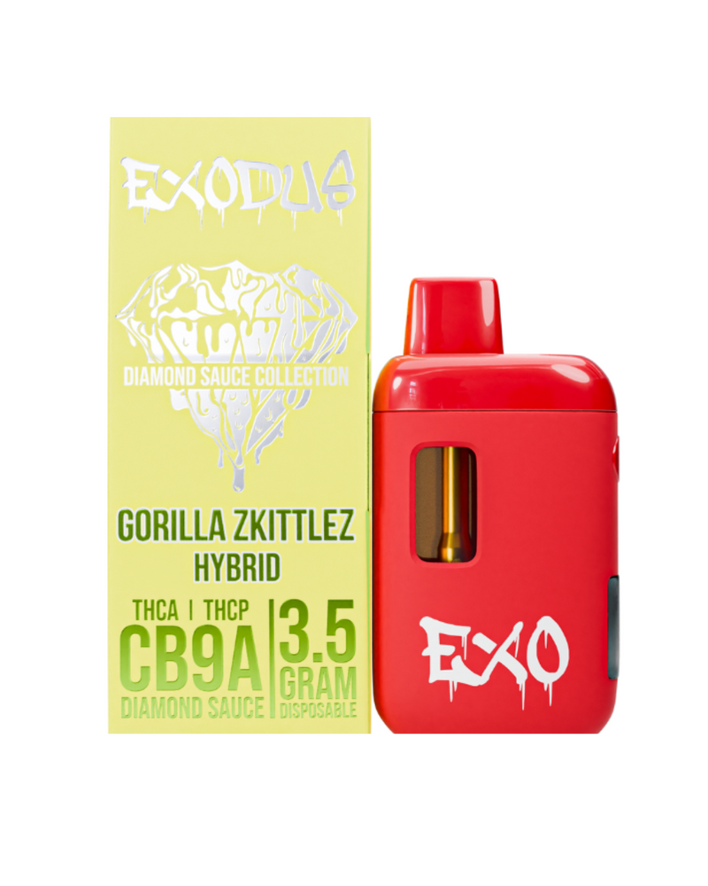 A red disposable vape pen is placed beside a green box labeled "Exodus Diamond Sauce Disposable | 3.5g: Gorilla Zkittlez Hybrid," highlighting details such as "THC-A" and "CB9A.