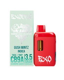 A red Exodus Diamond Sauce 3.5g disposable vape pen sits beside its packaging, featuring "Gush Mintz Indica," along with "THC-A," "CB9A," and "THCP" for a premium vaping experience.