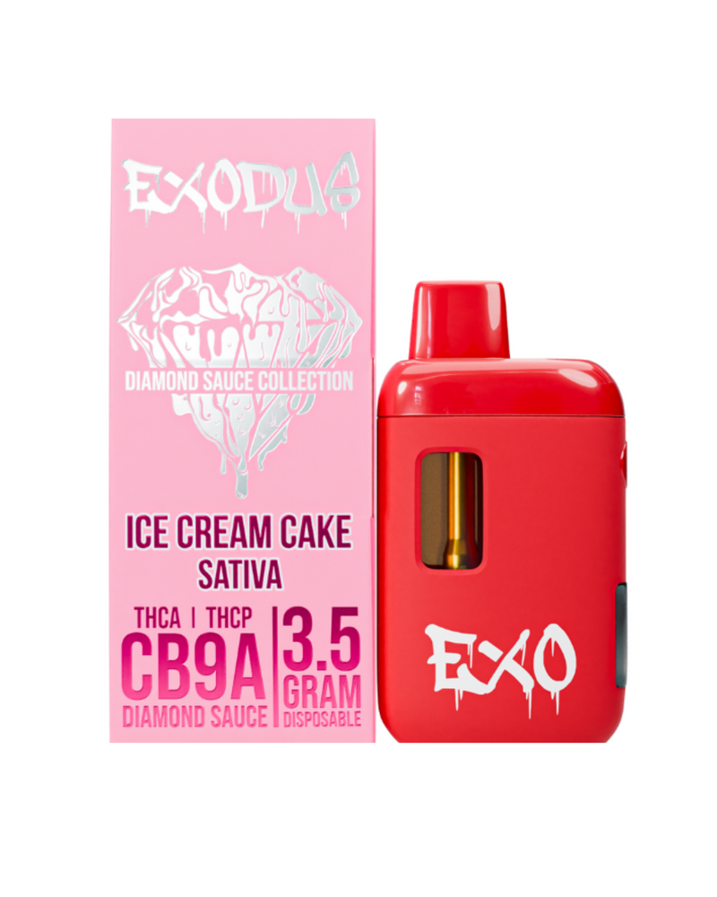 A sleek pink box labeled "Exodus Diamond Sauce Disposable | 3.5g" holds a red vape pen, featuring the "Ice Cream Cake Sativa" strain with THC-A, THCP, and CB9A. Perfect for a unique vaping experience from Exodus.