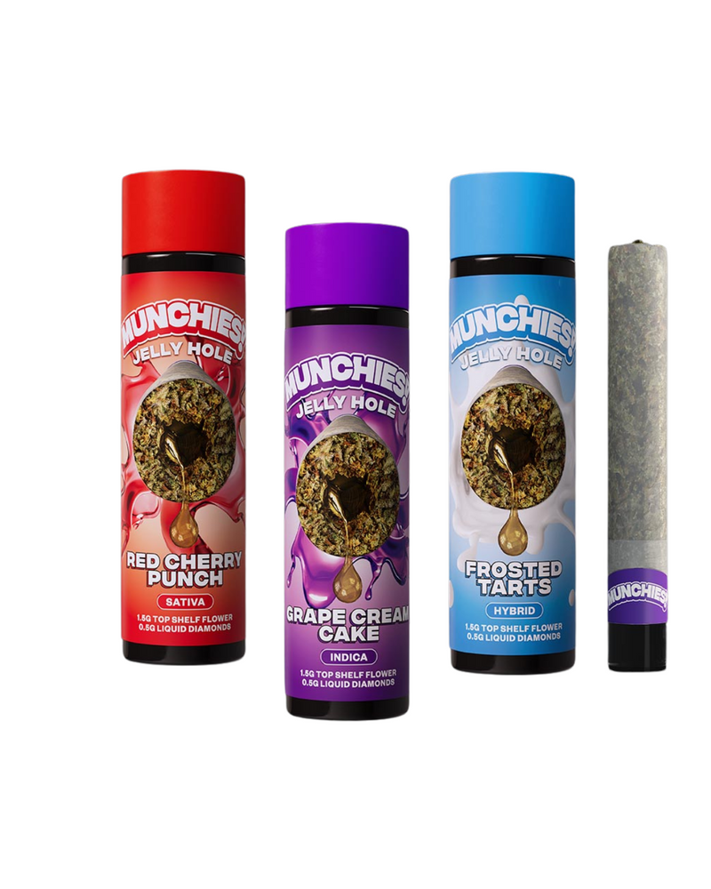 Image of three Delta Munchies THCA Jelly Hole Pre-Rolls | 2g containers labeled Red Cherry Punch, Grape Cream Cake, and Frosted Tarts alongside a large Delta Munchies THCA Jelly Hole Pre-Roll with a liquid diamond center.