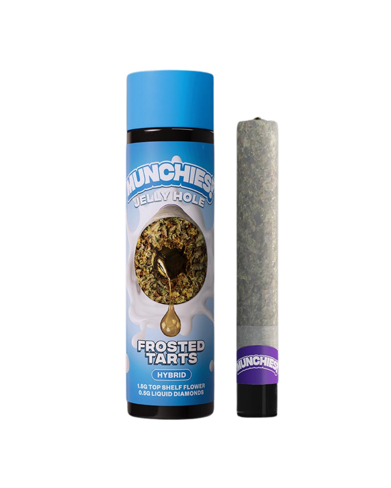 A container labeled "Delta Munchies THCA Jelly Hole Pre-Rolls | 2g," containing 1.5g top shelf flower and 0.5g liquid diamonds, sits next to a THCA Jelly Hole preroll with a "Munchies" label on a white background.