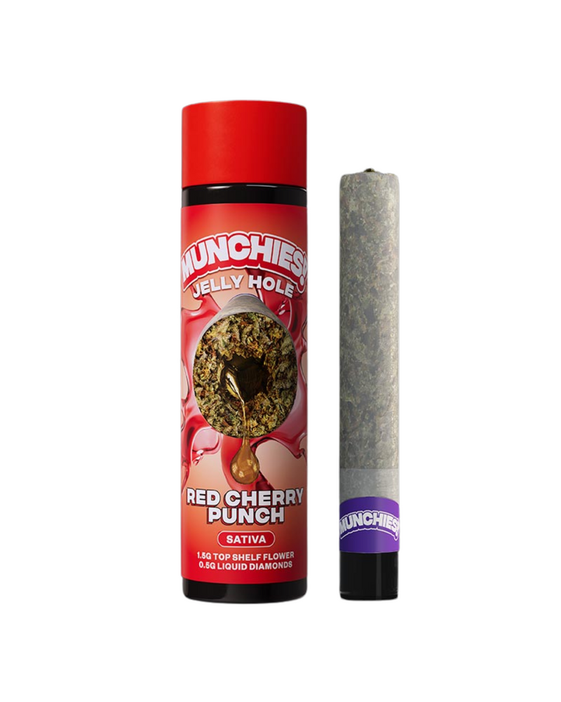 A container of Delta Munchies THCA Jelly Hole Pre-Rolls | 2g and a pre-rolled joint with a liquid diamond center are shown. The container has a red cap, and the pre-roll has a purple label.