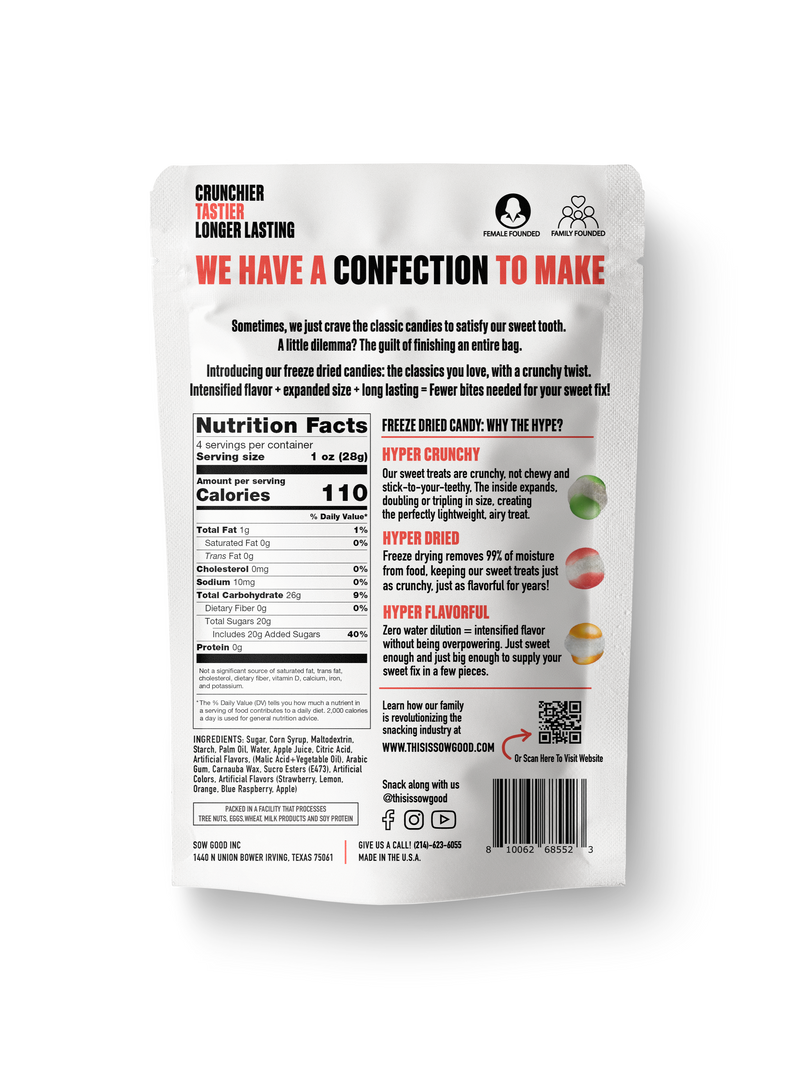 Back of a candy package titled "We Have a Confection to Make," showcasing the nutrition facts, product description, and details about Freeze Dried Sweet Spheres - Sow Good Candy by Sow Good Inc. The package highlights the JUMBO-sized pieces that offer an intense flavor and irresistible crunchy texture. Contact information and address are provided at the bottom.