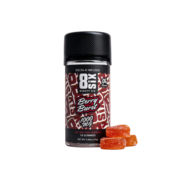 A bottle labeled "Eighty Six Brand Delta 8 Gummies" containing 1000 mg of hemp-derived Delta 8 THC with four tropical fruit-flavored orange gummies next to it from Eighty Six Brand.