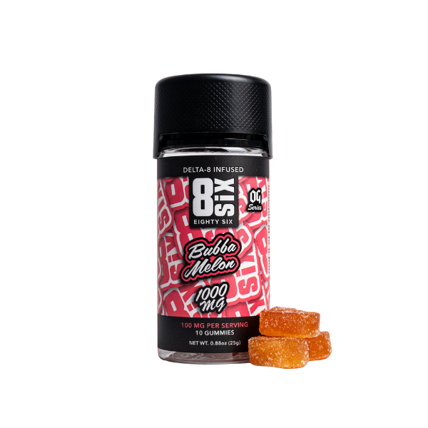 A bottle of Eighty Six Brand Delta-8 THC gummies labeled "Bubba Melon," containing 1000 mg total and 100 mg per serving, along with a few tropical fruit-flavored gummies. The bottle features a black cap and a pink label with white lettering.
