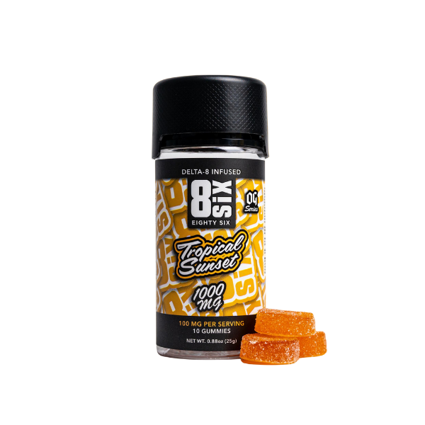 A bottle labeled "Eighty Six Brand Delta-8 Infused Tropical Sunset" with 1000 mg per bottle, next to five tropical fruit-flavored Eighty Six Brand Delta-8 gummies.