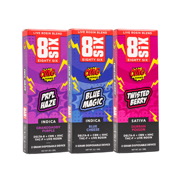 Eighty Six Brand's Live Rosin Disposables come in three colorful boxes, each containing 86 vape cartridges. Enjoy flavors like Prpl Haze, Blue Magic, and Twisted Berry with a Delta-8 THC live resin blend available in both Indica and Sativa variants.