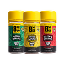 Three bottles of Eighty Six Brand THC-P Gummies named "Melon Dreams," "Maui Wowie," and "Halle's Berries," each with 1000 mg hemp-derived THC, come in vibrant green, yellow, and red packaging.