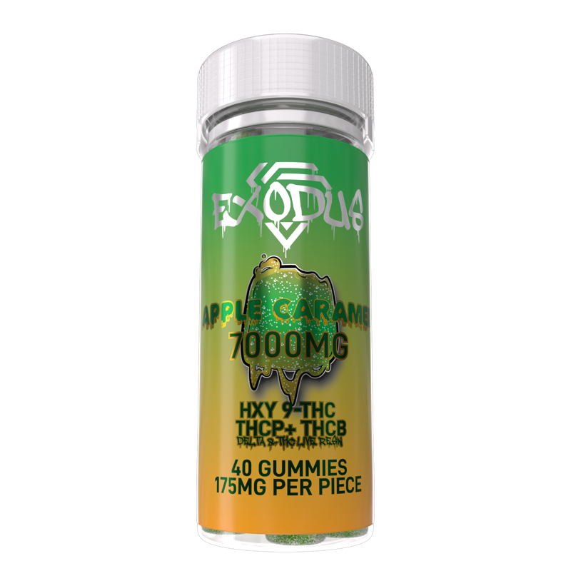 A bottle labeled "Exodus THC-P & HXY-9 THC Gummies | 7000MG" with 40 gummies, each containing 175MG, featuring ingredients like Delta 8 THC Live Resin, HXY-9 THC, THCP, and THCB.