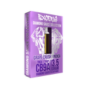 Image of a product box labeled "Exodus Diamond Sauce Collection Cartridge | 3.5g" by Exodus containing a 3.5 gram cartridge of "Grape Crush Indica." The box prominently features THCA extracts and THCP, showcasing the premium quality typical of Exodus cartridges, and displays "CB9A.