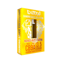 A yellow package labeled "Exodus Diamond Sauce Collection Cartridge | 3.5g" contains a 1.5-gram cartridge of Mango Haze Sativa, prominently featuring THCA extracts. The Exodus cartridges are detailed with compounds like THCP and CB9A for an elevated experience.