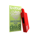 Image of a red vaporizer device with USB-C charging next to a green card with text reading “Exodus, Exodus Diamond Sauce Disposable | 8g, Green Crack Sativa, THCA | THCP, CB9A.”