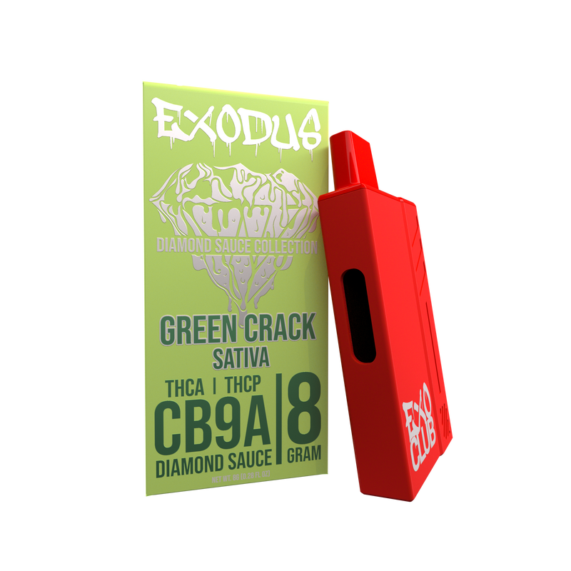 Image of a red vaporizer device with USB-C charging next to a green card with text reading “Exodus, Exodus Diamond Sauce Disposable | 8g, Green Crack Sativa, THCA | THCP, CB9A.”