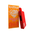 A red vape device with USB-C charging sits beside an orange package labeled "Exodus Diamond Sauce Disposable | 8g Guava Gelato Hybrid," listing cannabis compounds like THCA, THCP, and CB9A.