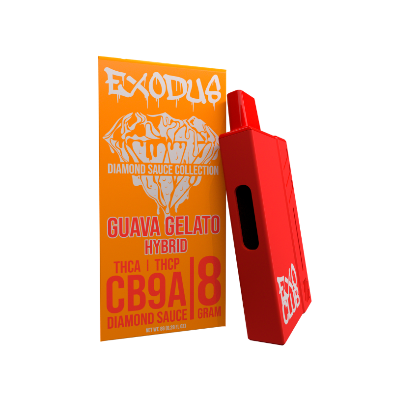 A red vape device with USB-C charging sits beside an orange package labeled "Exodus Diamond Sauce Disposable | 8g Guava Gelato Hybrid," listing cannabis compounds like THCA, THCP, and CB9A.