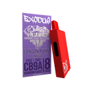 A red vaping device stands against a purple package labeled "Exodus Diamond Sauce Collection, London Purpz, Indica." The package, detailing CB9A and 8-gram contents, highlights the Exodus Diamond Sauce Disposable | 8g by Exodus with USB-C Charging for convenience.